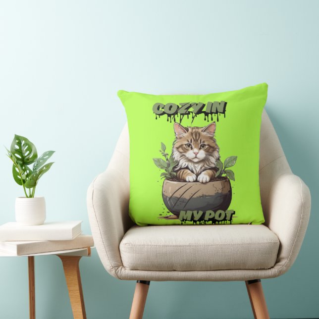 Neutrale tinten speelse kat in pot kussen (Stoel)