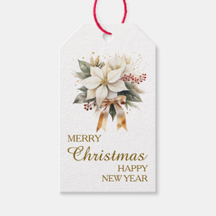 Neutrale Tonaardige Witte Poinsettia Boeket Kerst Cadeaulabel