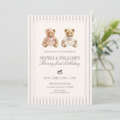 Neutrale Twin Beary Eerste Verjaardag Teddybeer Kaart (Staand voorkant)