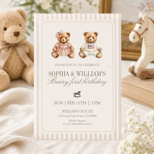 Neutrale Twin Beary Eerste Verjaardag Teddybeer Kaart