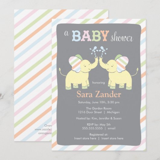Neutrale Twin Elephants  | Uitnodiging tot Baby sh (Voorkant / Achterkant)