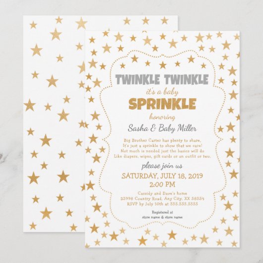Neutrale Twinkle Baby Sprinkle gouden ster-uitnodi Kaart (Voorkant / Achterkant)