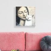 Neutrale vrouw en kat canvas afdruk (Insitu (Woonkamer))
