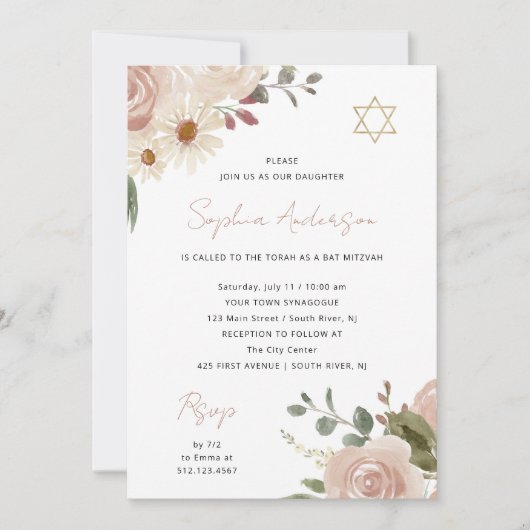 Neutrale Waterverf Bloemen | Bat Mitzvah Kaart (Voorkant)