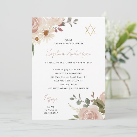  Neutrale Waterverf Bloemen | Bat Mitzvah Kaart (Staand voorkant)