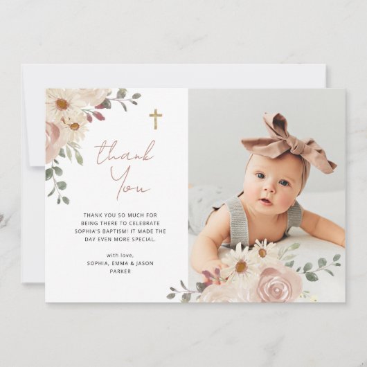  Neutrale Waterverf Bloemen | Doopfoto Bedankkaart (Voorkant)
