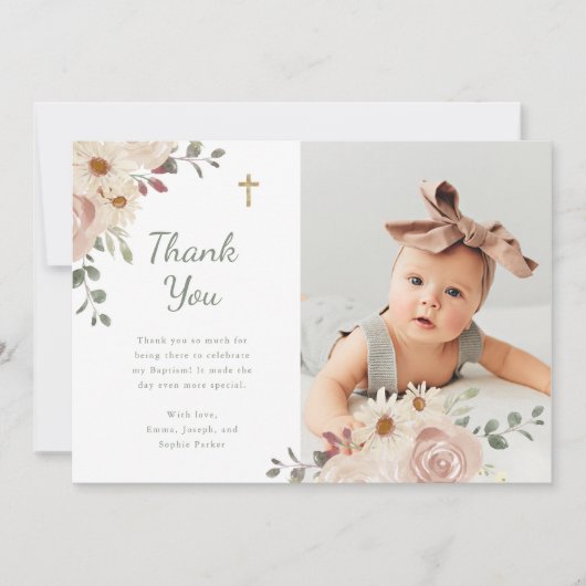 Neutrale Waterverf Bloemen | Doopsgezinde foto Bedankkaart (Voorkant)