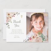 Neutrale Waterverf Bloemen | Eerste communie foto Bedankkaart (Voorkant)