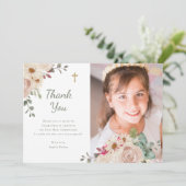 Neutrale Waterverf Bloemen | Eerste communie foto Bedankkaart (Staand voorkant)