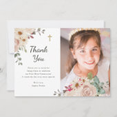 Neutrale Waterverf Bloemen | Eerste communie foto Bedankkaart (Voorkant)