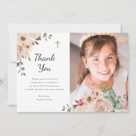 Neutrale Waterverf Bloemen | Eerste communie foto Bedankkaart (Voorkant)