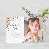 Neutrale Waterverf Bloemen | Eerste communie foto Bedankkaart (Staand voorkant)