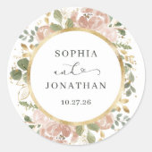 Neutrale Waterverf Bloemen en Goud | Bruiloft Ronde Sticker (Voorkant)