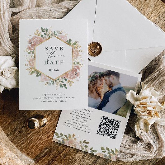 Neutrale Waterverf Bloemen met QR Code en Foto Save The Date