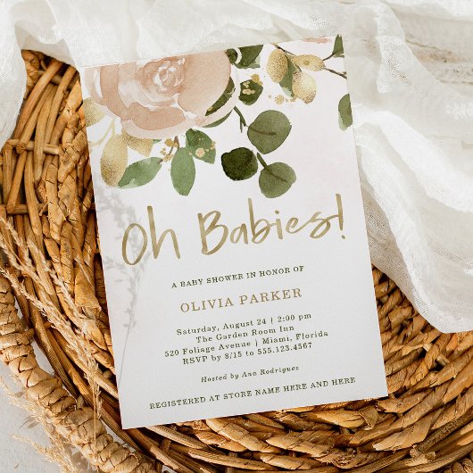 Neutrale Waterverf Bloemen | Oh Babies Baby shower Kaart