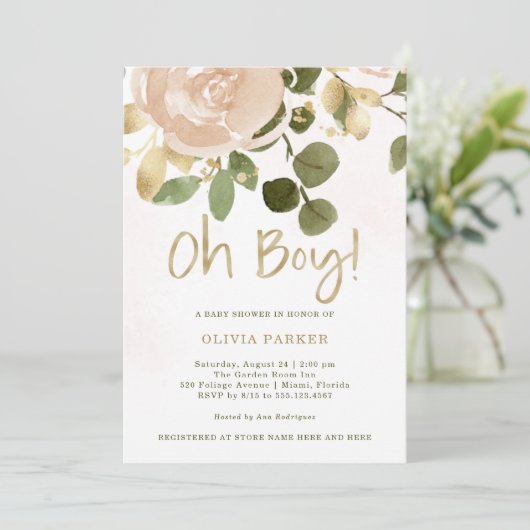 Neutrale Waterverf Bloemen | Oh Boy Baby shower Kaart (Staand voorkant)