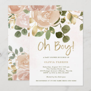 Neutrale Waterverf Bloemen Oh Boy Baby shower Kaart