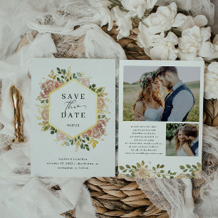 Neutrale waterverf bloemen Save the Date Goud Folie Uitnodiging