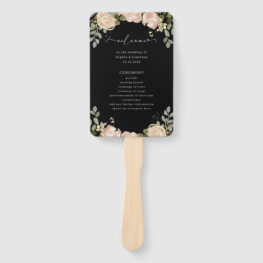 Neutrale Waterverf Bloemen Zwart | Trouwprogramma Handwaaier (Voorkant)