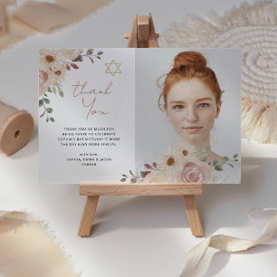  Neutrale Waterverf Bloemenvleermuis Mitzvah Foto Bedankkaart