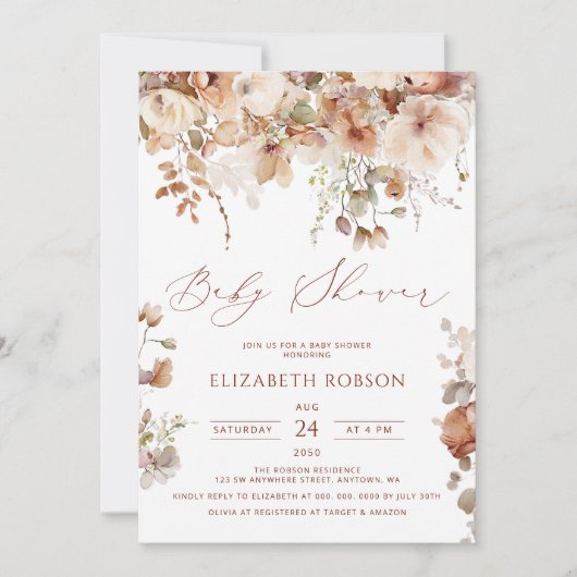 Neutrale Waterverf Floral Baby shower Kaart (Voorkant)