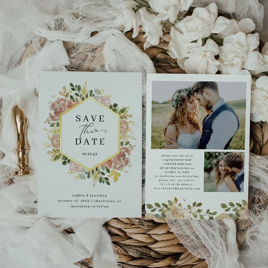 Neutrale Waterverf Floral | De datum waarop goud w Folie Uitnodiging