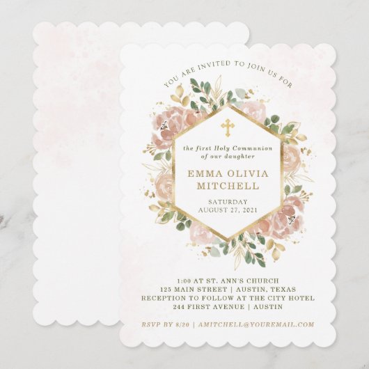Neutrale Waterverf Floral | Eerste Heilige Communi Kaart (Voorkant / Achterkant)