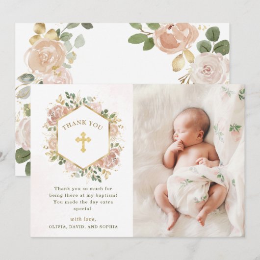 Neutrale Waterverf Floral en Gold | Fotobaptisme Bedankkaart (Voorkant / Achterkant)