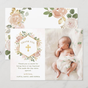 Neutrale Waterverf Floral en Gold   Fotobaptisme Bedankkaart