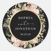 Neutrale Waterverf Floral Gold en Black | Bruiloft Ronde Sticker (Voorkant)