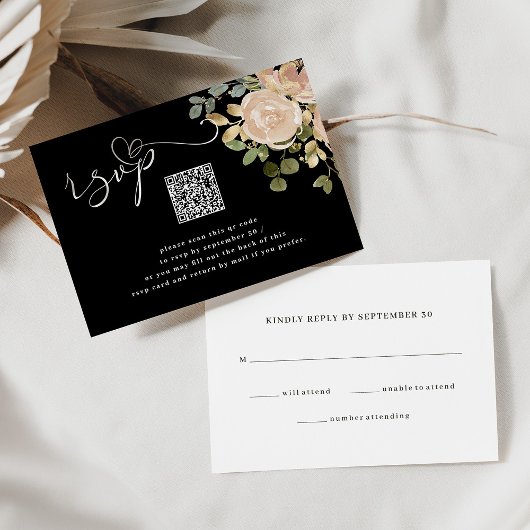 Neutrale Waterverf Floral Traditional- en QR-code RSVP Kaartje