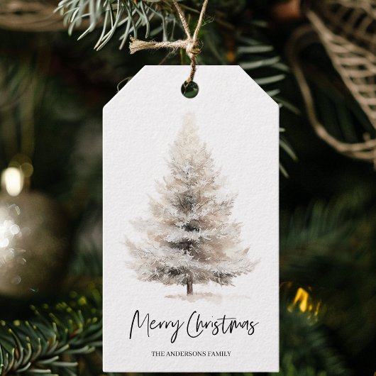 Neutrale Waterverf Kerstboom Cadeaulabel