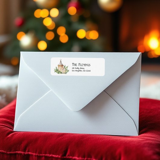 Neutrale Waterverf Kerstlantaarn Vakantie Etiket