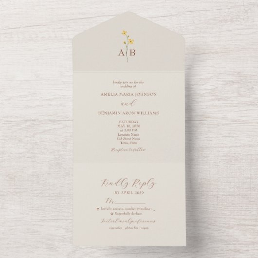 Neutrale Wildflower bruiloft All In One Uitnodiging (Binnen)