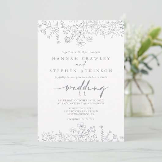 Neutrale Wildflower voor- en achterbruiloft Kaart (Staand voorkant)