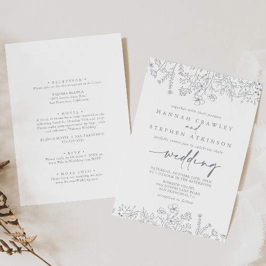 Neutrale Wildflower voor- en achterbruiloft Kaart