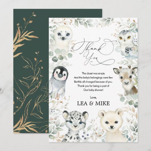 Neutrale Winter Wonderland Cute Dieren Baby Shower Bedankkaart (Voorkant / Achterkant)