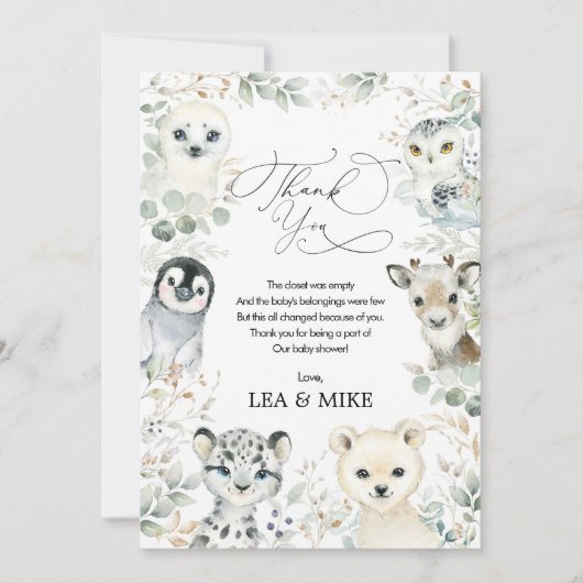 Neutrale Winter Wonderland Mooie Dieren Baby Showe Bedankkaart (Voorkant)