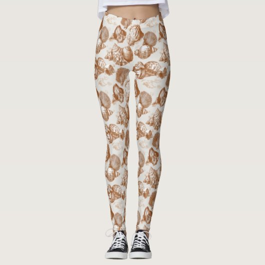 Neutrale Zee Schelp met Kust Toile Stijl Leggings (Voorkant)