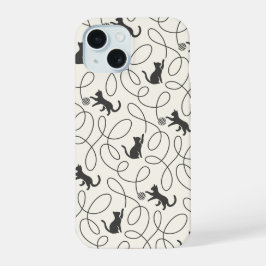 Neutrale Zwarte Kat en Garentbal Patroon iPhone 15 Case