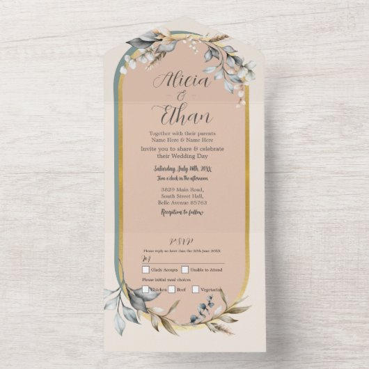 Neutrals Bruiloft Uitnodigen & RSVP Romantisch Kat All In One Uitnodiging (Binnen)