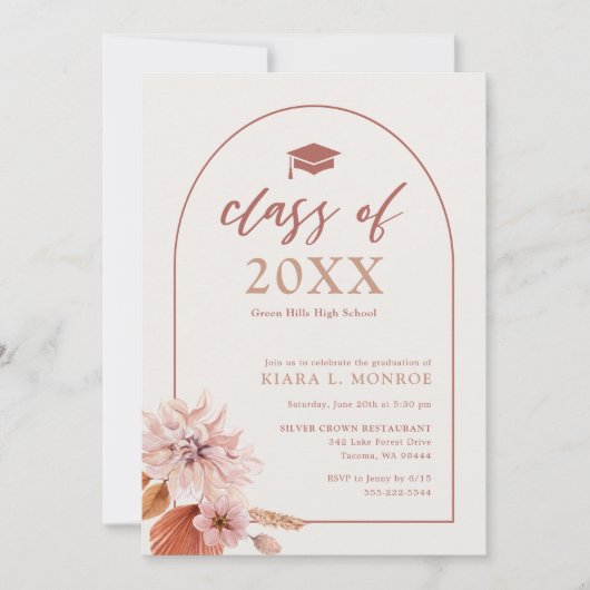 Neutrals en gedempt roze bloemen afstudeerfeest kaart (Voorkant)