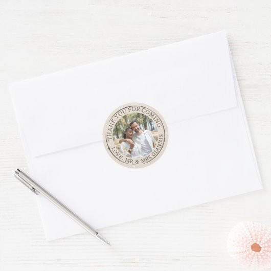 Neutrals Fotosjabloon Dank u bruiloft Ronde Sticker (Envelop)