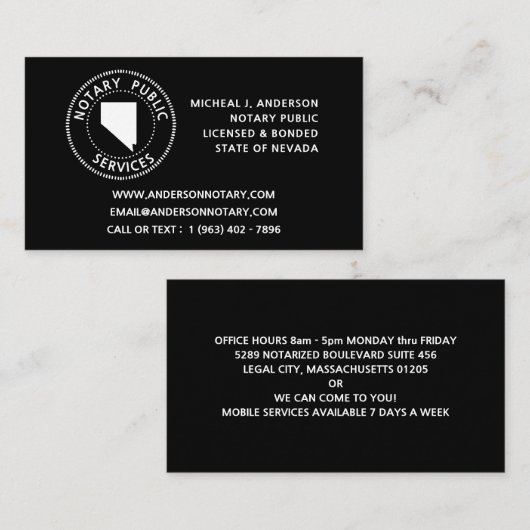 Nevada Notary Public Services Visitekaartje (Voorkant / Achterkant)