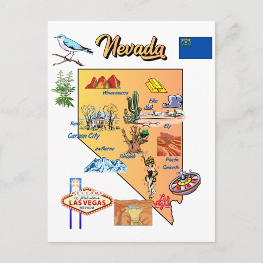Nevada State Map met toeristische bestemmingen Briefkaart (Voorkant)