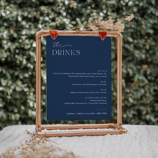 NEVE Navy bruiloft Bar Drink Menu Sign Poster