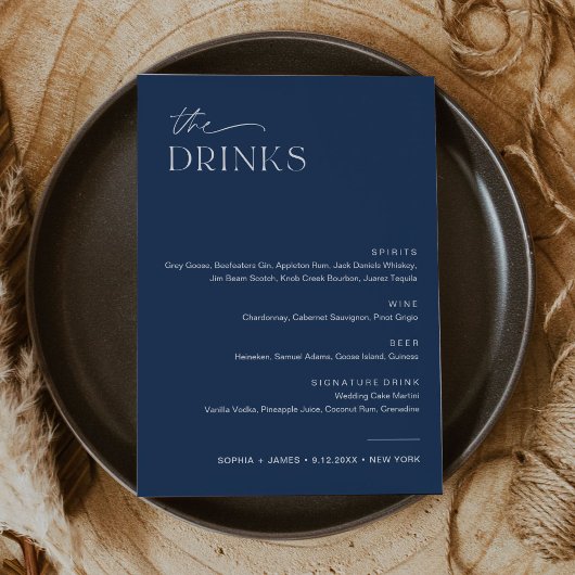 NEVE Navy Bruiloft Drink Bar Menu 5x7 Kaart