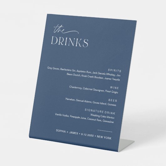 NEVE Navy Bruiloft Drink Bar Menu Reclamebord Met Voetstuk (Voorkant)