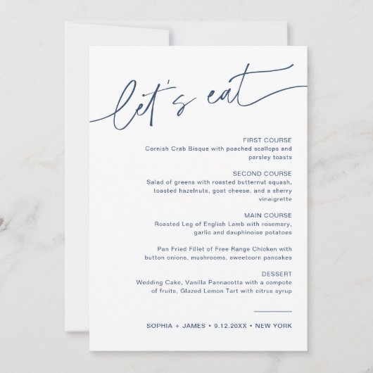 NEVE Navy Minimalist Wedding Dinner Menu Kaart (Voorkant)