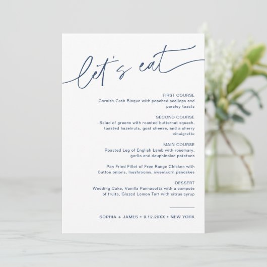 NEVE Navy Minimalist Wedding Dinner Menu Kaart (Staand voorkant)